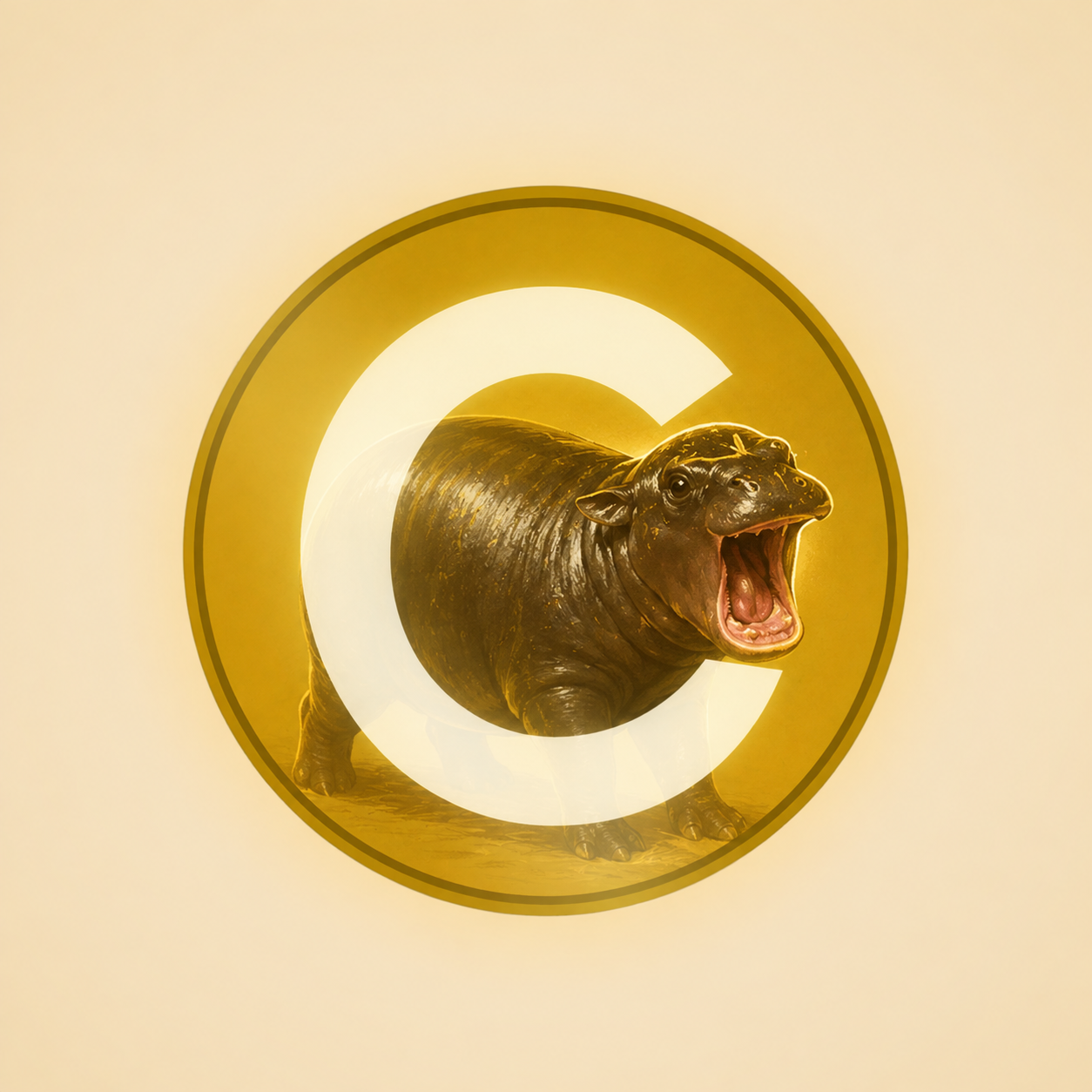 Tinycate the pygmy hippo inside a gold coin